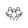 ไอคอนคนสามคนกับมือสองข้างที่ยกขึ้นมารองด้านล่าง เหมือนกำลังโอบอุ้มคนทั้งสาม หมายถึงการดูแล ช่วยเหลือ หรือปกป้องผู้คน